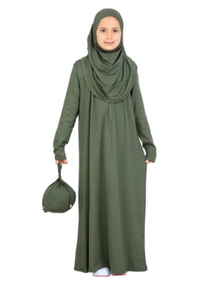 Penye Çocuk Namaz Elbisesi Çantalı Haki