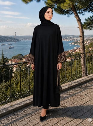 Kollar Kare Desen Pul Payet Garnili Salaş Kesim Bedensiz Ferace Elbise - Siyah - Gold - Filizzade