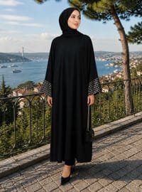 Kollar Kare Desen Pulpayet Garnili Salaş Kesim Bedensiz Ferace Elbise Siyah Gümüş Rengi Filizzade