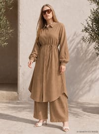 Kadın Müslin Kumaş %100 Pamuklu Pantolonlu Takım - Sütlü Kahve