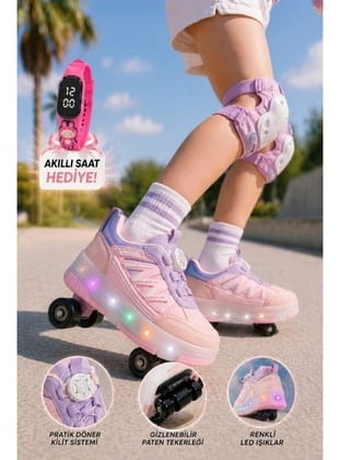 Muggo SKATE Çocuk Işıklı Patenli Tekerlekli Sneaker Spor Ayakkabı PUDRA