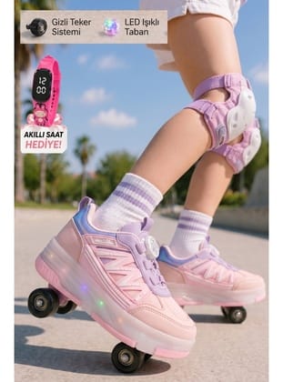 Muggo SKY Çocuk Işıklı Patenli Tekerlekli Sneaker Spor Ayakkabı PUDRA