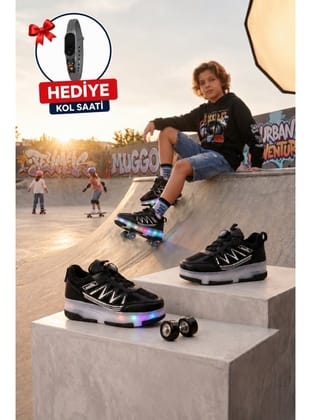 Muggo SKY Çocuk Işıklı Patenli Tekerlekli Sneaker Spor Ayakkabı SİYAH