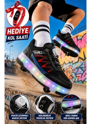 Muggo SKY Çocuk Işıklı Patenli Tekerlekli Sneaker Spor Ayakkabı SİYAH - KIRMIZI