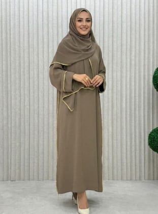 Tesettür Umreye Uygun Simli Şal Detaylı Ferace - Vizon - MODANURSEDA