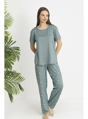 Estiva Kadın Kalp Alt Desenli Kısa Kollu Soft Pijama Takımı YEŞİL