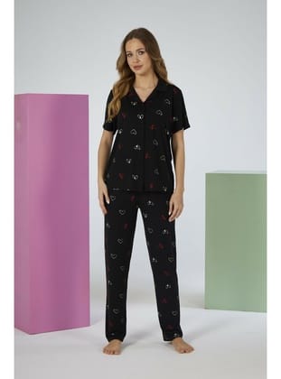 Estiva Kadın Kalp Desenli Siyah Kısa Kollu Önden Düğmeli Soft Pijama Takımı