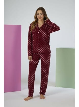 Estiva Kadın Puantiyeli Bordo Önden Düğmeli Soft Pijama Takımı