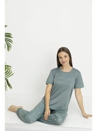 Estiva Kadın Kalp Alt Desenli Kısa Kollu Soft Pijama Takımı Yeşil