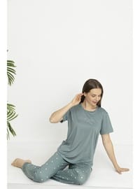 Estiva Kadın Kalp Alt Desenli Kısa Kollu Soft Pijama Takımı Yeşil