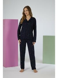 Estiva Kadın Love Desenli Lacivert Önden Düğmeli Soft Pijama Takımı
