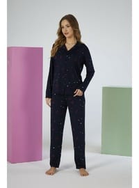 Estiva Kadın Love Desenli Lacivert Önden Düğmeli Soft Pijama Takımı