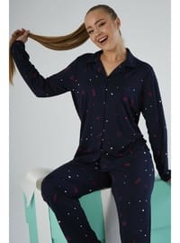 Estiva Kadın Love Desenli Lacivert Önden Düğmeli Soft Pijama Takımı