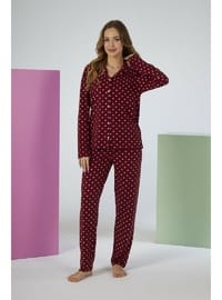 Estiva Kadın Puantiyeli Bordo Önden Düğmeli Soft Pijama Takımı