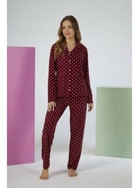 Estiva Kadın Puantiyeli Bordo Önden Düğmeli Soft Pijama Takımı