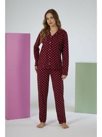 Estiva Kadın Puantiyeli Bordo Önden Düğmeli Soft Pijama Takımı