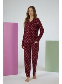 Estiva Kadın Puantiyeli Bordo Önden Düğmeli Soft Pijama Takımı