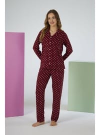 Estiva Kadın Puantiyeli Bordo Önden Düğmeli Soft Pijama Takımı