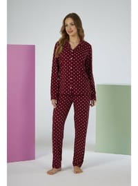Estiva Kadın Puantiyeli Bordo Önden Düğmeli Soft Pijama Takımı