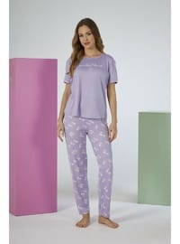 Estiva Kadın Yaprak Alt Desenli Kısa Kollu Soft Pijama Takımı LİLA
