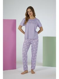 Estiva Kadın Yaprak Alt Desenli Kısa Kollu Soft Pijama Takımı LİLA