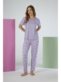 Estiva Kadın Yaprak Alt Desenli Kısa Kollu Soft Pijama Takımı LİLA
