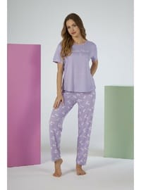 Estiva Kadın Yaprak Alt Desenli Kısa Kollu Soft Pijama Takımı LİLA