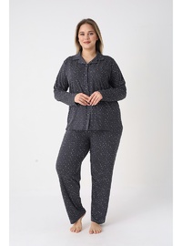 Estiva Kadın Yıldız Desenli Lacivert Önden Düğmeli Soft Battal Pijama Takımı
