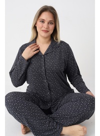 Estiva Kadın Yıldız Desenli Lacivert Önden Düğmeli Soft Battal Pijama Takımı