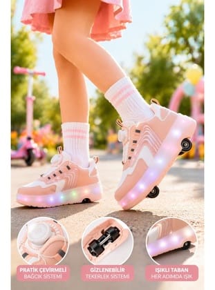 Muggo FLOW Çocuk Işıklı Patenli Tekerlekli Sneaker Spor Ayakkabı PUDRA