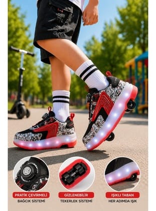 Muggo FLOW Çocuk Işıklı Patenli Tekerlekli Sneaker Spor Ayakkabı SİYAH - KIRMIZI