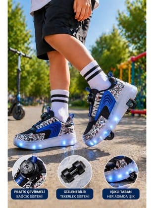 Muggo FLOW Çocuk Işıklı Patenli Tekerlekli Sneaker Spor Ayakkabı SİYAH - MAVİ