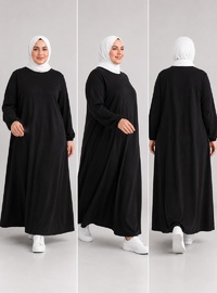 Kadın Büyük Beden Cotton Elbise Siyah Dokulu