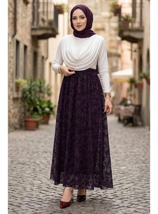 Flok Baskılı Astarlı Çiçek Desenli Tül Etek Mürdüm HM2902