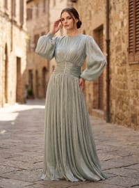 Kristal Taş Detaylı Abiye Elbise - Mint Yeşili