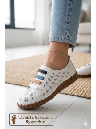 Kadın Beyaz Hakiki Deri Delikli Anatomik Günlük Ayakkabı Beyaz
