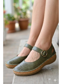 Kadın Hakiki Deri Haki Lazer Kesim Comfort Ayakkabı Haki
