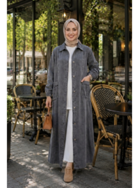 Kadın Düğmeli Cepli Gri Denim Kot Kap