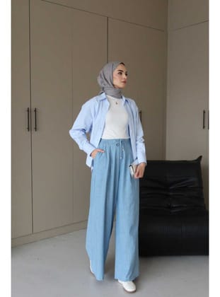 1167-Denim Bol Paça Pantolon Mavi