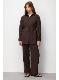 Mizalle Beli Büzgülü Modal Dokulu Kahverengi Tunik