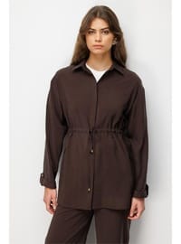 Mizalle Beli Büzgülü Modal Dokulu Kahverengi Tunik