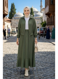 Kadın Fermuarlı Çilek Kumaş Haki Ceket Etek İkili Takım