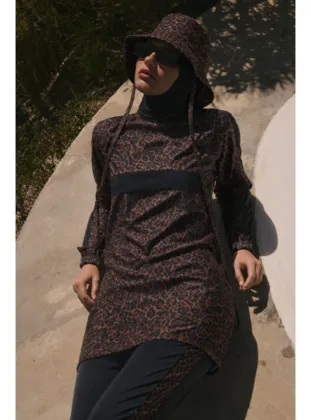 SOLARA WİLD | Leopar Desen Siyah Tesettür Mayo 5 li Set