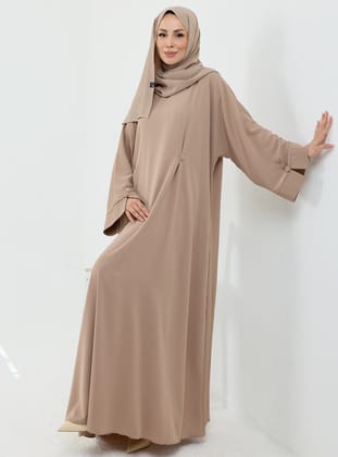 Serra Şal Hediyeli Düğme Detaylı Dubai Abaya Takım Bej - 1015 Bej