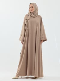 Serra Şal Hediyeli Düğme Detaylı Dubai Abaya Takım Bej