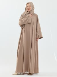 Serra Şal Hediyeli Düğme Detaylı Dubai Abaya Takım Bej
