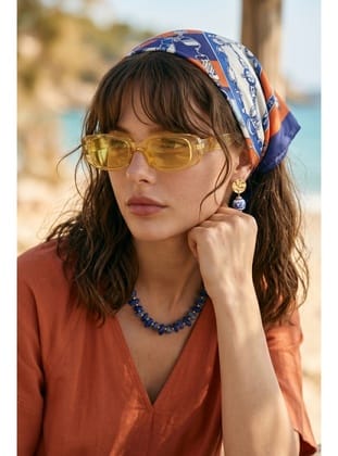 Kemer Desenli Saks Mavisi-Turuncu Bandana Fular 50x50