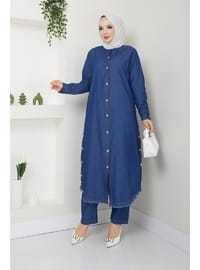 Kadın Ahşap Düğme Detaylı Pantolonlu İkili Kot Takım