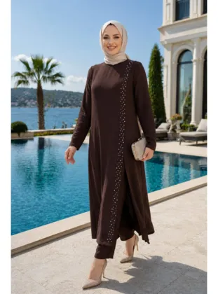 Kadın İnci İşlemeli Kahverengi Tunik-Pantolon İkili Takım