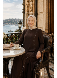 Kadın İnci İşlemeli Kahverengi Tunik Pantolon İkili Takım